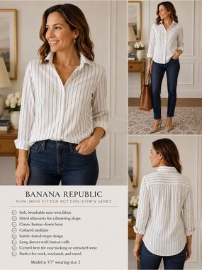 Banana Republic Non-Iron Fitted White Black Dot Stripe Button-Up Blouse Size 2